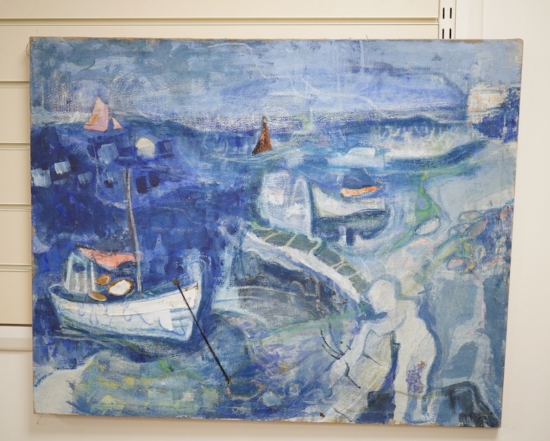 M. Audoine, oil and collage on canvas, Surreal seascape with boats, unsigned, 61 x 76cm, unframed. Condition - fair, some paint loss and scuffs